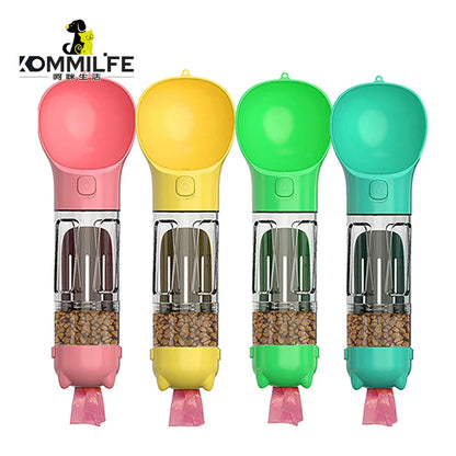 KOMMILIFE 3-in-1 Portable Dog Water Bottle and Food Feeder with Poop Dispenser - Leak-Proof and Multifunctional for Active Pets