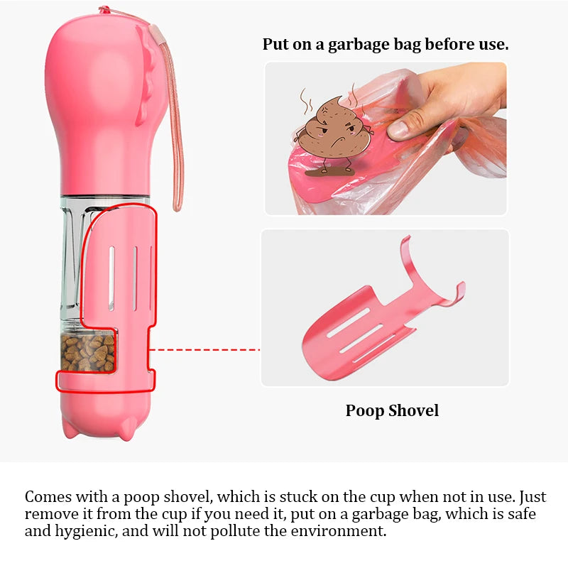 KOMMILIFE 3-in-1 Portable Dog Water Bottle and Food Feeder with Poop Dispenser - Leak-Proof and Multifunctional for Active Pets